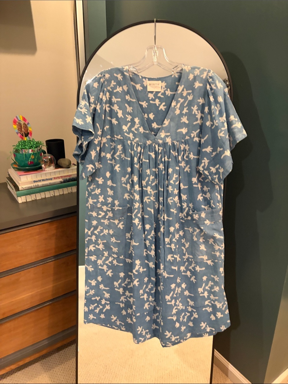 Blue Floral V-Neck Tunic Top with Gathered Yoke